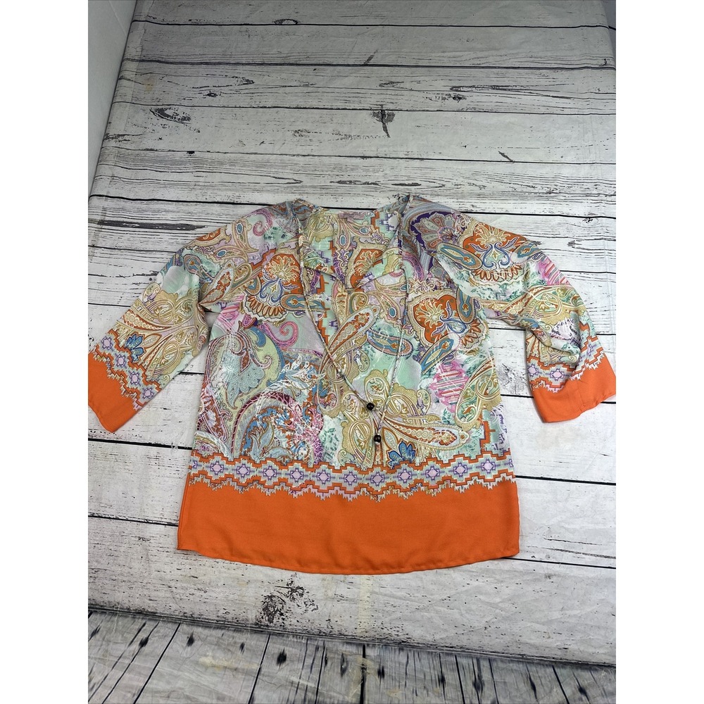 Saint Tropez West Womens XL Orange Pink Paisley Floral 3/4 Sleeve Boho Blouse